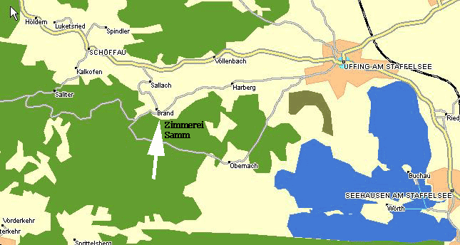 Lage unseres Betriebs. Ca. 3km westlich von Uffing